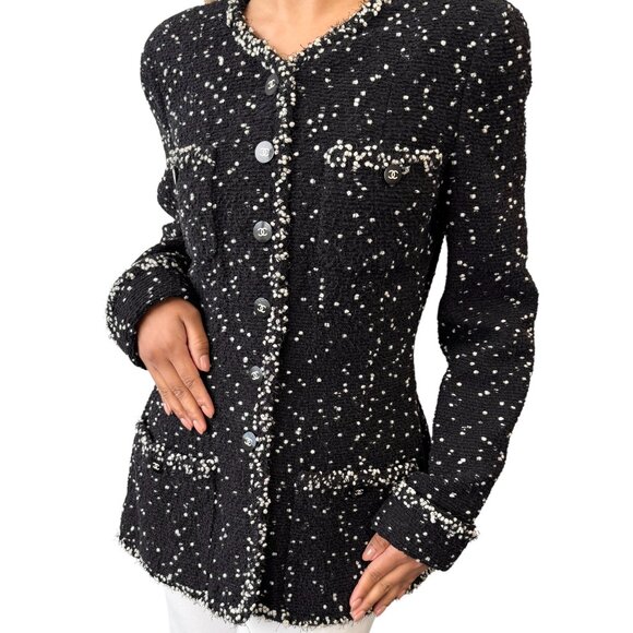 CHANEL Vintage 95A CC Logo Tweed Jacket Blazer #40 Black Wool Long [105651] - Picture 1 of 12